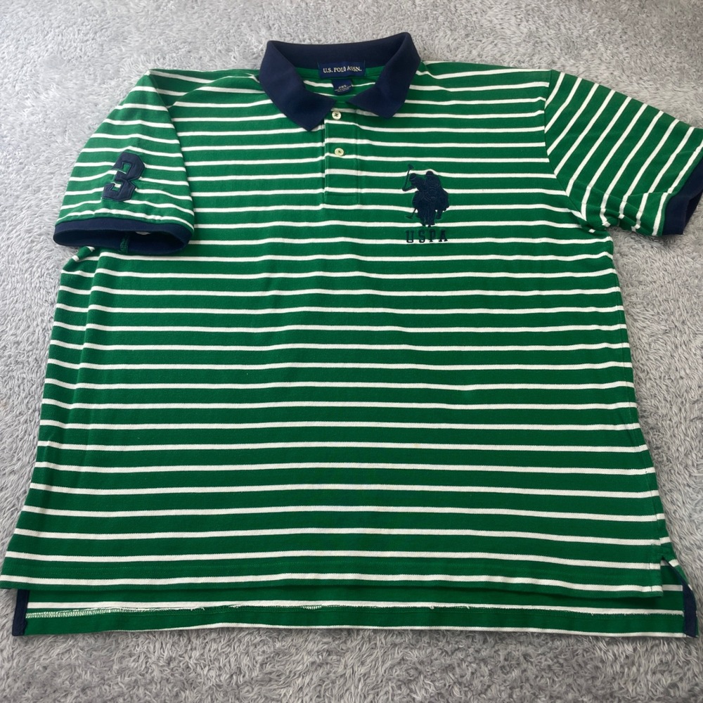 U.S. Polo Assn. Polo Shirt Mens 2XL Green Striped‎ Short Sleeve Big Logo Cotton